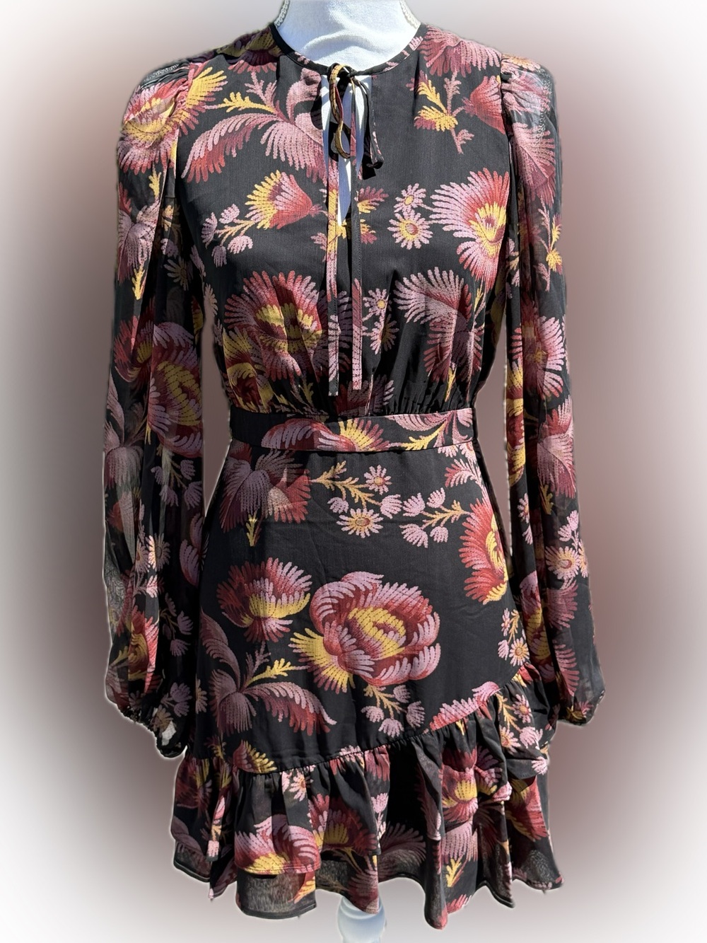 Ted Baker London Piara Black Long-Sleeve Floral Ruffle Mini Dress Size 1, NWOT
